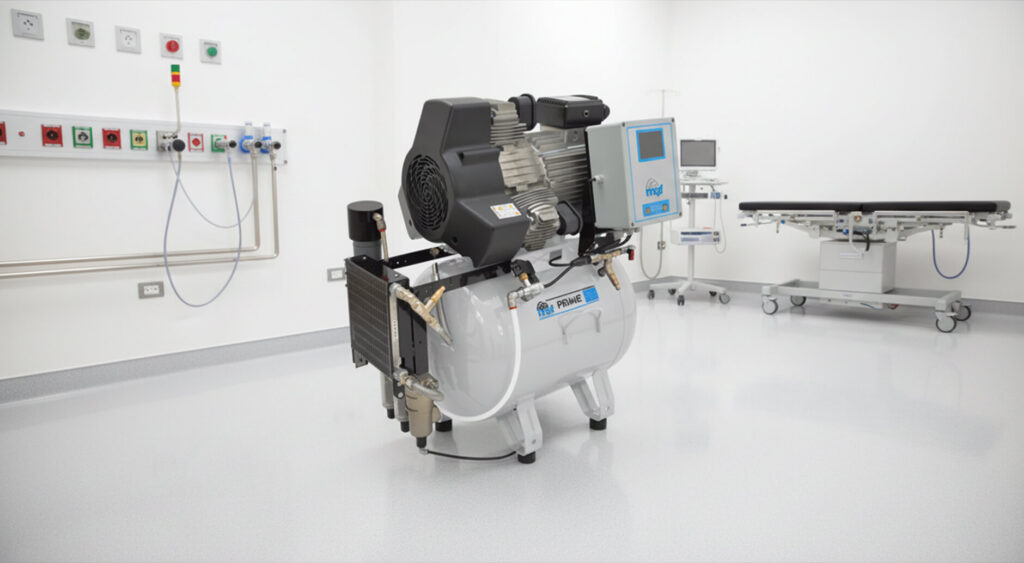 Silentaire PRIME Series medical air compressor in a clinical environment with medical gas panel and surgical table in background
