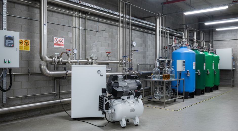 Oil-free air compressor and storage tanks in a chemical facility.